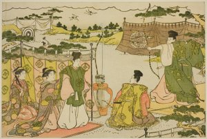 ممارسة الرماية الأولى للعام الجديد (يومي حاجي) ، من الكتاب المصور "ألوان الفجر الثلاثي (Saishiki mitsu no asa)" بواسطة توري كيوناجا