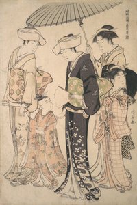 امرأتان في زي الصيف تأخذان فتاة صغيرة إلى معبد شنتو من أجل Miya Mairi ... ، كاليفورنيا. 1783. بواسطة توري كيوناجا