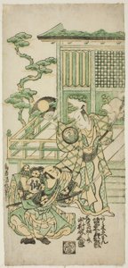 الممثلان Bando Hikosaburo I بدور Araki Shozaemon و Nakamura Sukegoro I في دور Daidoji Tahatanosuke في مسرحية "Chigozakura Futabajikki" التي قدمت في مسرح Ichimura في الشهر العاشر ، 1746
