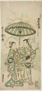 الممثلان Ichimura Kamezo I بدور Kanto Koroku و Arashi Tominosuke I في دور Hayasaki في مسرحية "Hokazo Yunzei Hachinoki" ، تم عرضها في مسرح Ichimura في الشهر الحادي عشر ، 1748