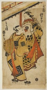 الممثل Ichikawa Danjuro II في دور Soga no Goro و Nakamura Takesaburo I في دور Kewaizaka no Shosho في مسرحية "Bando Ichi Kotobuki Soga" التي عُرضت في مسرح Nakamura في الشهر الأول ، 1715