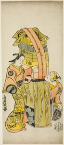 الممثلان Ichikawa Danjuro II بدور Kamada Matahachi و Ichikawa Monnosuke I في دور Hisamatsu في مسرحية "Osome Hisamatsu Shinju Tamoto no Shirashibori" التي تم عرضها في مسرح موريتا ، 1720