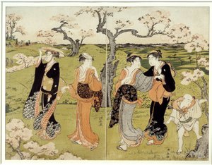 نزهة تحت أزهار الكرز في Assaakayama. طباعة يابانية بواسطة Torii Kiyonaga (1752-1815) ، طراز Ukiyo-E بواسطة توري كيوناجا