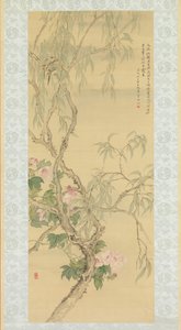 طيور صغيرة على فرع الصفصاف وأزهار الكركديه ، بتاريخ خريف ١٨٥٠. بواسطة Tsubaki Chinzan