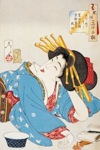 لحظة استرخاء ، وجه الجيشا من كيوتو في فترة كانسي ، رسم تسوكيوكا يوشيتوشي (1839-1892) من اثنين وثلاثين جانبًا من العادات والأخلاق ، نقش Oban-tate-e الخشبي ، 37.5 × 26 سم ، الحضارة اليابانية بواسطة تسوكيوكا يوشيتوشي