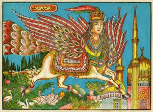 البراق (البراق) (البراق ، البراق ، البراق) ، جناح الحصان برأس المرأة وذيل الطاووس ، سافر عليه محمد ليلا من مكة إلى الأقصى بقيادة الملائكة جبرائيل. صور رائجة من تونس