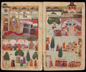 Le Couronnement du sultan العثماني محمد الثالث (1566-1603) au palais Topkapi، en 1595 - تتويج محمد الثالث في قصر توبكابي عام 1595 (من مخطوطة حملة محمد الثالث في المجر) - سيد تركي - كاليفورنيا. 1600 - ألوان مائية وحبر على ورق - The بواسطة المدرسة التركية