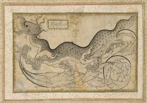 رسم "ساز" لتنين وسط أوراق الشجر ، حوالي 1540-50 (حبر ، ألوان مائية غير شفافة وذهبي على ورق) بواسطة المدرسة التركية