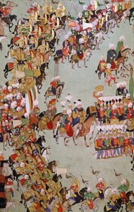غزو إيجر ، من Egri Fetihnamesi (الحبر والمرحاض وورقة الذهب على الرق) بواسطة المدرسة التركية