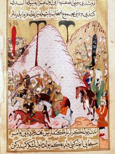 النبي محمد (محمد أو محمد) (570-632) (الوجه مغطى) أثناء حصار مكة المنمنمة التركية من القرن الثامن عشر قصر توبكابي اسطنبول تركيا بواسطة المدرسة التركية