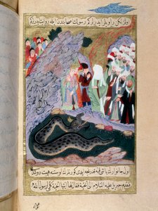 النبي محمد (محمد أو محمد) (570-632) (وجه مغطى) يروض أفعى مصغرة من مخطوطة تركية كتبها إرزيني ، رسمها السيد سليمان باشا ، تروي حياة محمد في القرن الثامن عشر. اسطنبول ، متحف الفن التركي الإسلامي بواسطة المدرسة التركية