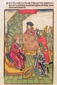 الإمبراطور سيجيسموند (1367-1437) من لوكسمبورغ يتلقى تكريمًا لرعاياه المجريين ، 1483 ، (قطع خشبية ملونة) (انظر أيضًا 316982) بواسطة أولريش فون ريتشينتال