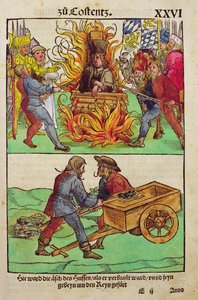 إعدام جان هوس أو أحد كهنةه في مجمع كونستانس ، من "Chronik des Konzils von Konstanz" بواسطة أولريش فون ريتشينتال