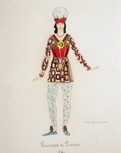 زي لأمير بلاد فارس من توراندوت بقلم جياكومو بوتشيني ، رسم تخطيطي لأومبرتو برونليسكي (1879-1949) للأداء الأول للأوبرا في تياترو ألا سكالا في ميلانو ، 25 أبريل بواسطة أومبرتو برونليسكي