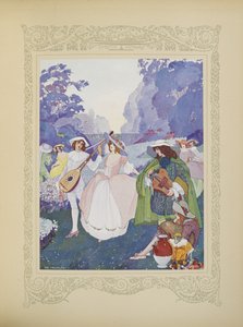 كان هناك رعاة ورعاة يرقصون على صوت المزامير ومسامير القربة ، رسم توضيحي من "Contes du Temps Jadis" ، أو "Tales from Times Past" ، الصفحة 74 بواسطة أومبرتو برونليسكي