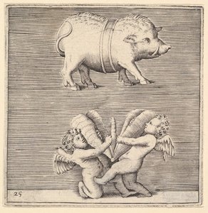 خنزير مربوط واثنان من كيوبيد أو عباقرة مع فراشة أو فراشة ، تم نشره في كاليفورنيا. 1599-1622. بواسطة غير معروف