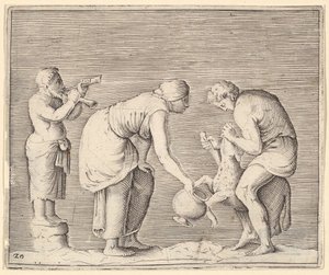 امرأة تجمع الدم من الأغنام ، نشرت كاليفورنيا. 1599-1622. بواسطة غير معروف