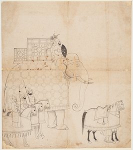 رسم للفيل والخيول المغطاة ، ج. 1760. بواسطة غير معروف