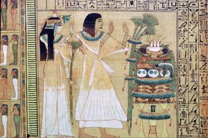 رجل وزوجته يقدمان القرابين لأوزوريس من كتاب الموتى المصري بواسطة غير معروف