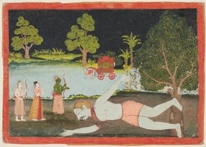 صفحة من رامايانا: راما ولاكشمان وسيتا أمام عملاق مقتول ، ج. 1770. بواسطة غير معروف