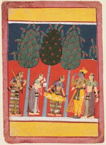 صفحة من سلسلة Rasikapriya: Krishna و Radha و Sakhis مع الآلات الموسيقية ، ج. 1650 بواسطة غير معروف