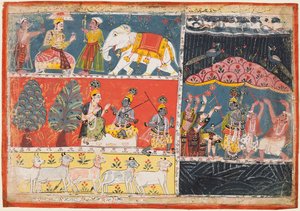 صفحة من Bhagavata Purana: إندرا يرسل سيل من المطر ، كريشنا يرفع جبل. Govardhana ، 1686. بواسطة غير معروف