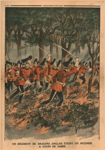فوج من الفرسان الإنجليز يطفئ النار بضربات السيف ، 1914. بواسطة غير معروف