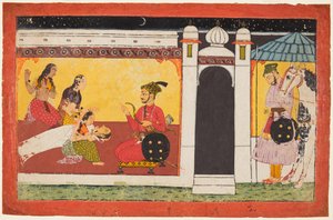 امرأة يغمى عليها أمام الأمير ، مشهد ليلي من سلسلة Madhavanala Kamakandala ، ج. 1700. بواسطة غير معروف