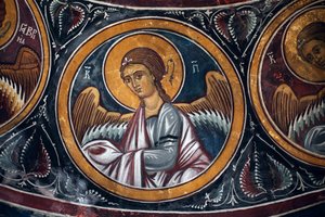 Angel Medallion around Christ and the Last Judgement Detail of the Byzantin fresco from the Narthex vault of the church of Asinou Last judgement scene 14th century (1332) UNESCO, world cultural heritage site Troodos region, Cyprus بواسطة غير معروف