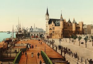 أنتويرب (Anvers). عرض القلعة القديمة (هيت ستين) إلى الميناء. حوالي عام 1900 بواسطة غير معروف