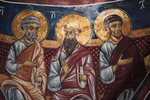 تمثيل الرسل حول المسيح والدينونة الأخيرة تفاصيل اللوحة الجدارية البيزنطية من قبو Narthex لكنيسة Asinou آخر مشهد للدينونة في القرن الرابع عشر (1332) اليونسكو ، موقع التراث الثقافي العالمي منطقة ترودوس ، قبرص بواسطة غير معروف