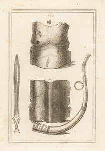 صدرية وقطعة خلفية من cuirass الروماني القديم 1،2 ، Roman Lituus أو البوق العسكري 3 والسيف النحاسي القديم 4 بواسطة غير معروف