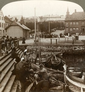 شراء الأسماك في ميناء تجاري مزدحم في القطب الشمالي ، Tromsoe 69 ° 38 N. Lat. ، شمال النرويج ، 1902. بواسطة غير معروف