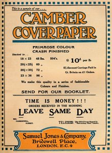 ورق غلاف Camber - إعلان صموئيل جونز وشركاه ، 1919 بواسطة غير معروف