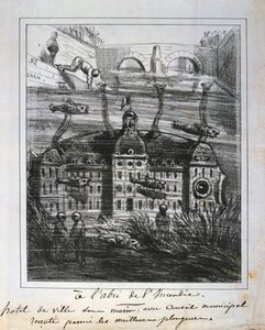 اقتراح رسوم متحركة لإعادة بناء فندق de Ville تحت الماء لمنع الحريق ، Paris Commune ، 1871. بواسطة غير معروف