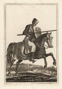 فارس الشحن من القرنين الثاني عشر والثالث عشر في chainmail hawberk ، خوذة مسطحة ، رمح ، درع سخان ، shin armor jambesons ، سرج الحرب بواسطة غير معروف