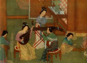 العود الصيني pa-pa ، غيتار القمر yue-chin والجدول آلة القانون tchin ، تفاصيل لوحة على حرير بواسطة غير معروف