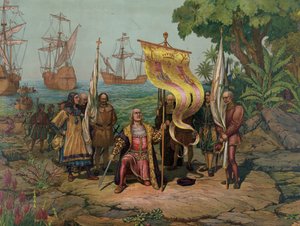 كريستوفر كولومبوس (1451-1506) يدعي "العالم الجديد" لإسبانيا (الطباعة الحجرية) بواسطة غير معروف