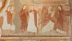 الكنيسة (Église Saint-Martin). الداخلية. اللوحات الجدارية (فريسكو). الجدار الغربي للصحن. التفاصيل. اتهام العذراء والبشارة. القرن الثاني عشر. بواسطة غير معروف