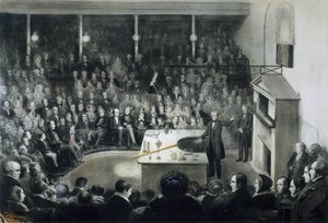 مؤتمر للفيزيائي مايكل فاراداي (1791-1867) أمام المعهد الملكي بلندن في 27 ديسمبر 1855 بحضور الأمير ألبرت أمير ساكس كوبرغ غوتا (ساكس-كوبورغ-غوتا بواسطة غير معروف