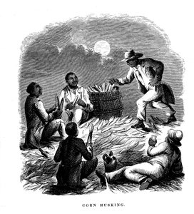 تقشير الذرة ، العمال السود ، تقشير الذرة ، جنوب الولايات المتحدة ، c1850 بواسطة غير معروف