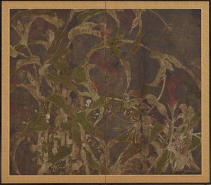 كوكسكومبس ، ذرة و أمجاد الصباح ، فترة موموياما ، 1568-1615. بواسطة غير معروف