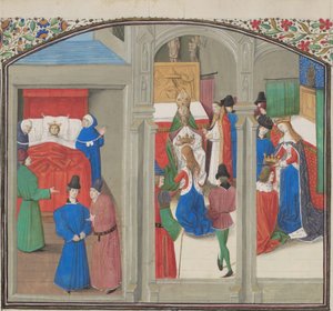 وفاة بالدوين الرابع. تتويج غي لوزينيان. صورة مصغرة من الهستوريا بواسطة ويليام صور ، 1460 بواسطة غير معروف