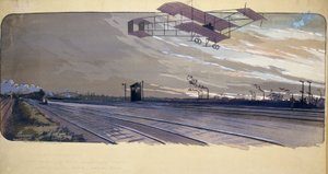 بداية الطيران: مر لويس بولهان (1884-1963) فوق مسار للسكك الحديدية على متن طائرته ذات السطحين خلال سباق الخط المستقيم 300 كيلومتر بين لندن ومانشستر في 27-28 أبريل 1910 بواسطة غير معروف
