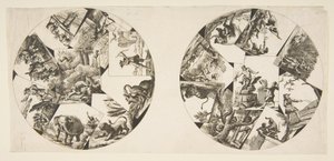 تصميمات للوحات مأخوذة من رسوم Oudrys التوضيحية إلى La Fontaines Fables ، بعد عام 1755. بواسطة غير معروف