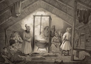 داخل مزرعة في فينمارك. رسم توضيحي مأخوذ من كتاب النرويج الذي أنتجه في رسومات Asbjørnsen، P.Chr. ونشره Chr. Tønsberg (رقم ، 1848) سامي يرتدي ملابس الأحد في غرفة المعيشة. «الأكواخ الخشبية (...) تحدث بشكل استثنائي فقط ، في Sölapperne بواسطة غير معروف