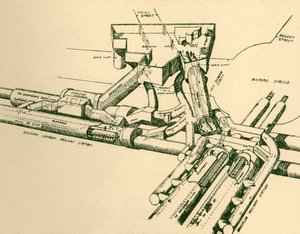 رسم تخطيطي لمحطة مترو الأنفاق الجديدة في سيرك أكسفورد ، 1930. بواسطة غير معروف