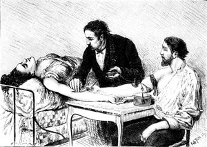 الدكتورة روسيل من جنيف تعطي امرأة نقل دم مباشر من متطوع ، 1882 بواسطة غير معروف