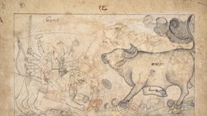 دورجا يواجه الجاموس شيطان ماهيشا: مشهد من ديفي مهاتمية ، كاليفورنيا. 1780. بواسطة غير معروف