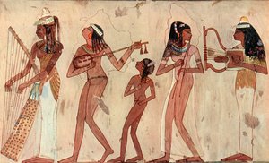 القيثارة المصرية ، العود ، المزمار المزدوج واللاير ، رسم القبر في فيسيت طيبة 1420-1411 قبل الميلاد بواسطة غير معروف